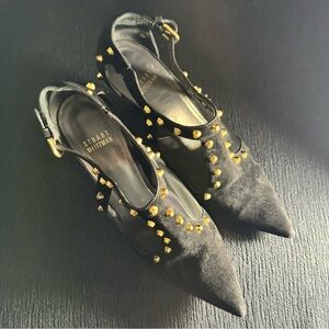 Stuart Weitzman Black Suede Pumps with Mesh and Metal Accents, 9, GUC